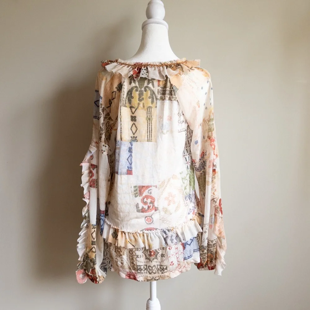 Anthropologie Tiny Bohemian‎ Patchwork Ruffle Blouse Multi-Color Size Small